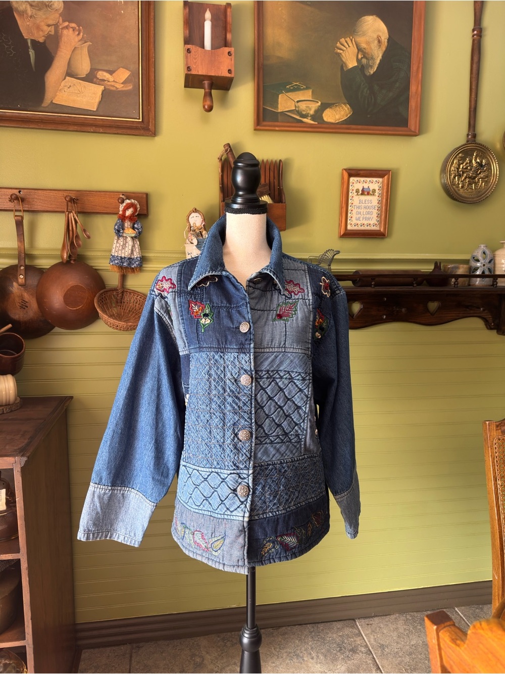 Denim Embroidered Patchwork Jacket - Blue